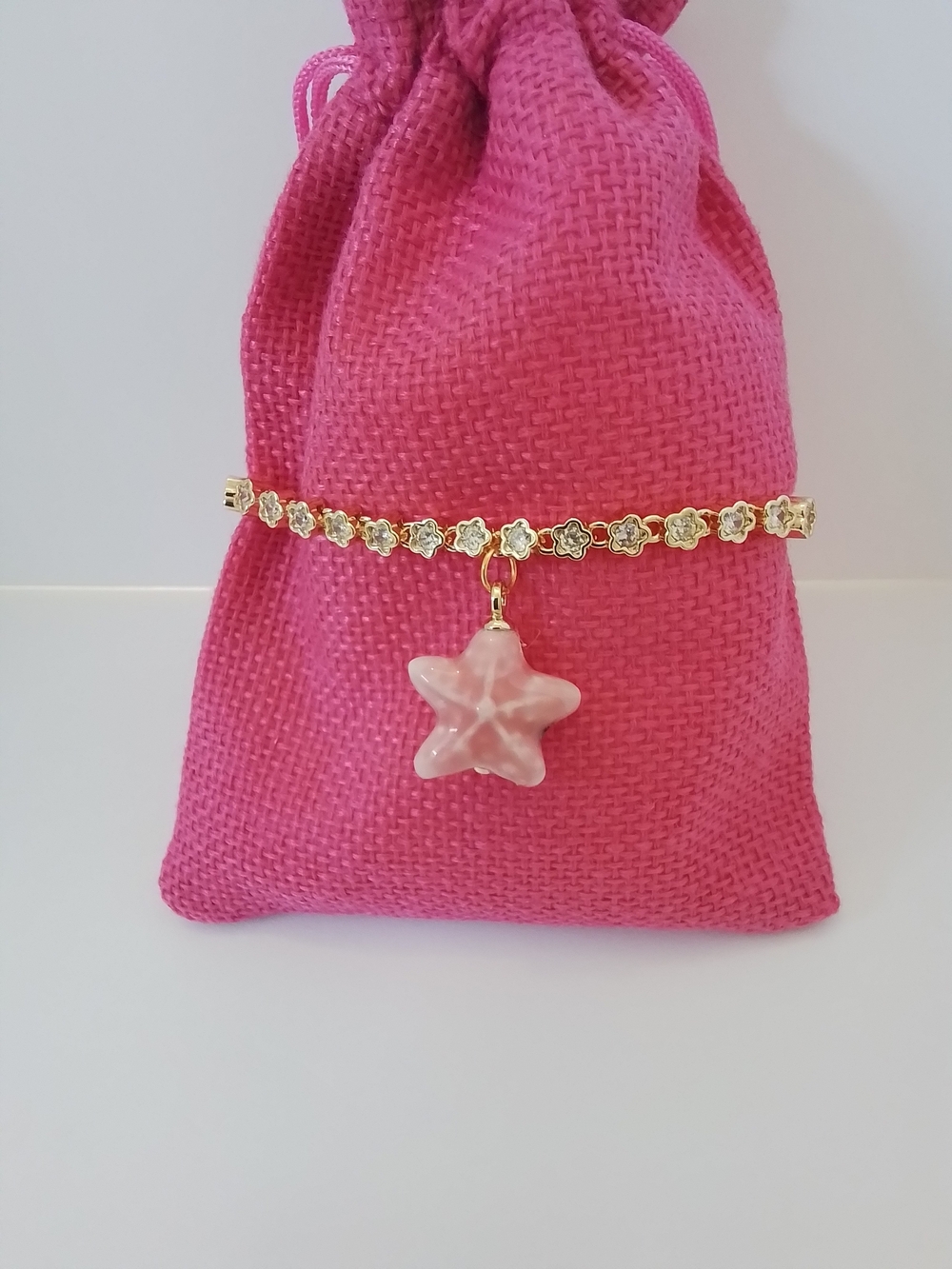 14K Gold Plated CZ Bracelet with Pink Star Ceramic Charm